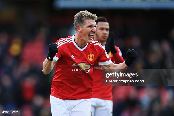 Bastian Schweinsteiger of Manchester United celebrates scoring his team's second goal scored by Troy Deeney of Watford during the Barclays Premier...