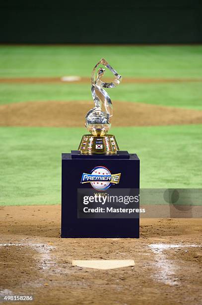 Premier 12 trophy seen during the WBSC Premier 12 final match between South Korea and the United States at the Tokyo Dome on November 21, 2015 in...