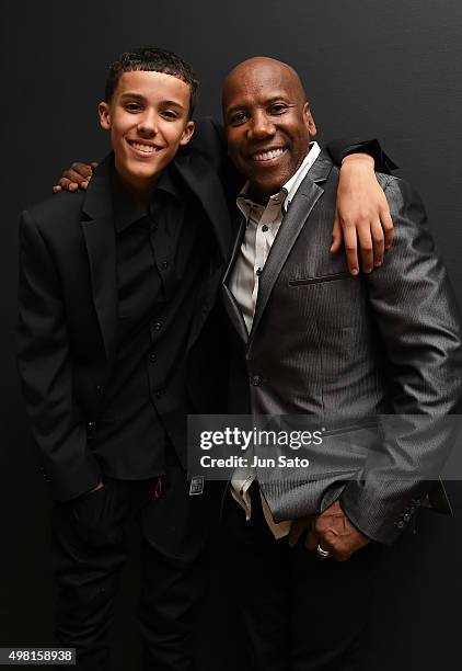 Recording musicians Noah East and Nathan East pose for a photograph during Kawasaki Jazz on November 21, 2015 in Kawasaki, Japan.