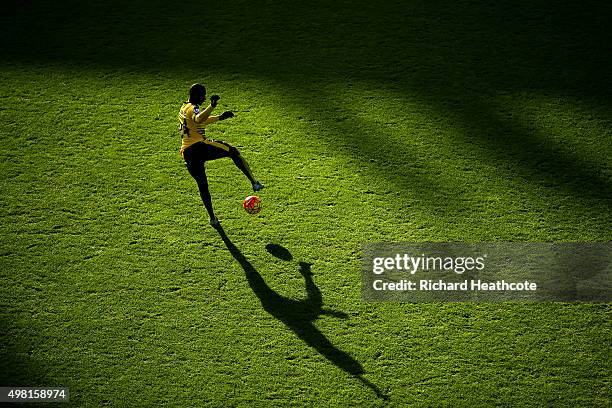 Odion Ighalo of Watford warms up prior to the Barclays Premier League match between Watford and Manchester United at Vicarage Road on November 21,...