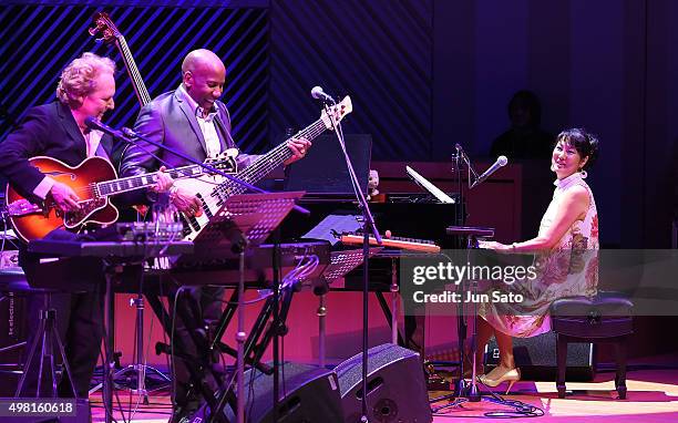 Lee Ritenour, Nathan East and Hiroko Kokubu perform during Kawasaki Jazz on November 21, 2015 in Kawasaki, Japan.