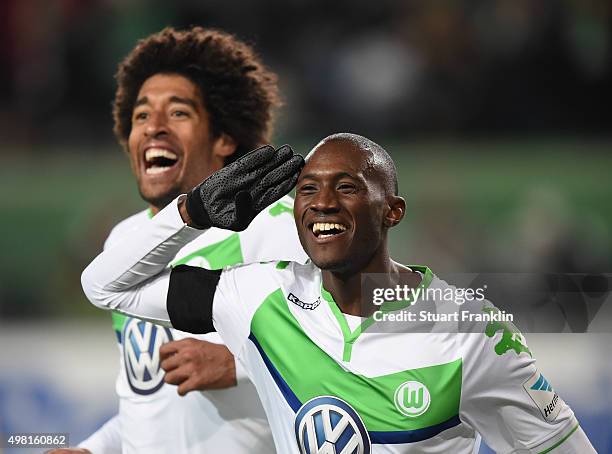 Josuha Guilavogui of Wolfsburg celebrates scoring his goal during the Bundesliga match between VfL Wolfsburg and Werder Bremen at Volkswagen Arena on...