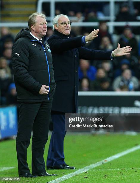 Newcastle United manager Steve McLaren gestures from the sideline with Leicester City manager Claudio Ranieri during the Barclays Premier League...