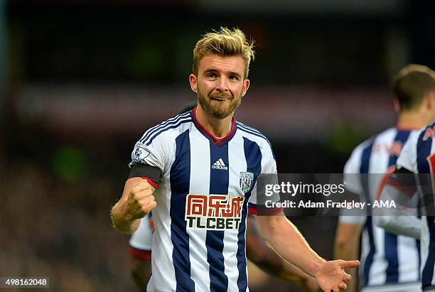 James Morrison of West Bromwich Albion celebrates after scoring a goal to make it 1-1 during the Barclays Premier League match between West Bromwich...