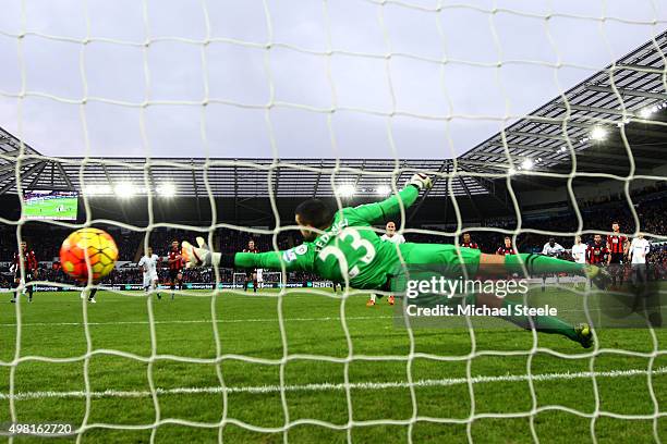 Adam Federici of Bournemouth fails to stop the penalty kick by Jonjo Shelvey of Swansea City during the Barclays Premier League match between Swansea...