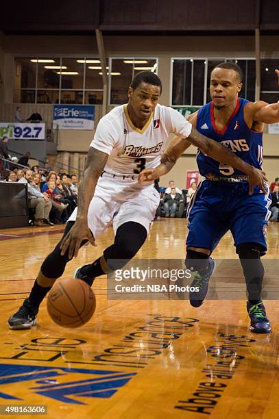 Keith Appling of the Erie BayHawks drives to the basket against the Delaware 87ers at the Erie Insurance Arena on November 20, 2015. NOTE TO USER:...
