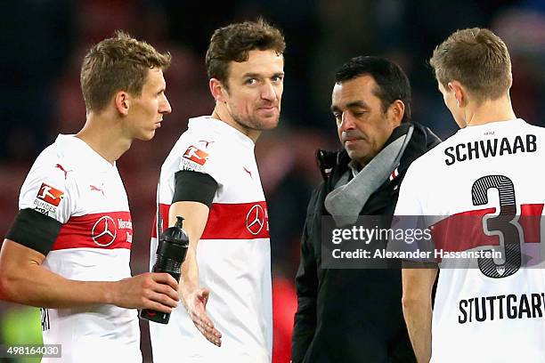 Robin Dutt sporting director of Stuttgart talks to his player Christian Gentner after the Bundesliga match between VfB Stuttgart and FC Augsburg at...