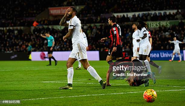 Swansea player Kyle Bartley reacts after missing a chance during the Barclays Premier League match between Swansea City and A.F.C. Bournemouth at...