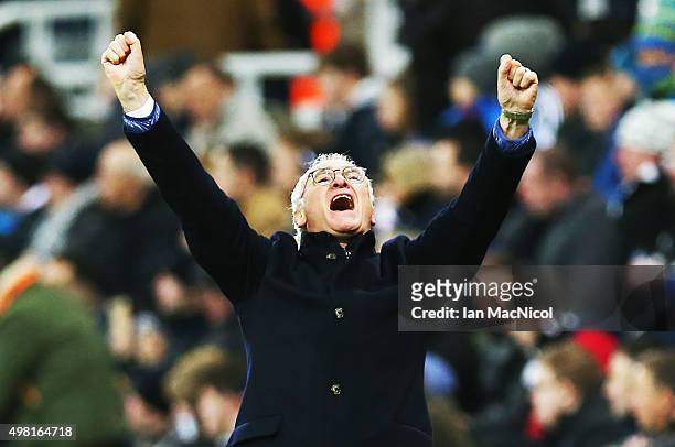 Leicester City manager Claudio Ranieri celebrates his teams third goal during the Barclays Premier League match between Newcastle and Leicester City...