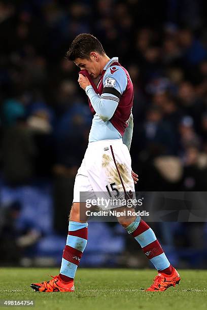 Ashley Westwood of Aston Villa leaves the pitch after his team's 0-4 defeat in the Barclays Premier League match between Everton and Aston Villa at...