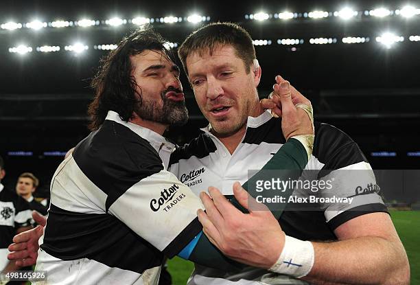 Victor Matfield and Bakkies Botha of Barbarians embrace after the Killik Cup match between Barbarians and Argentina at Twickenham Stadium on November...