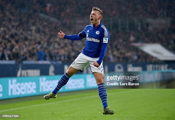 Max Meyer of Schalke celebrates after scoring his teams first goal during the Bundesliga match between FC Schalke 04 and FC Bayern Muenchen at...