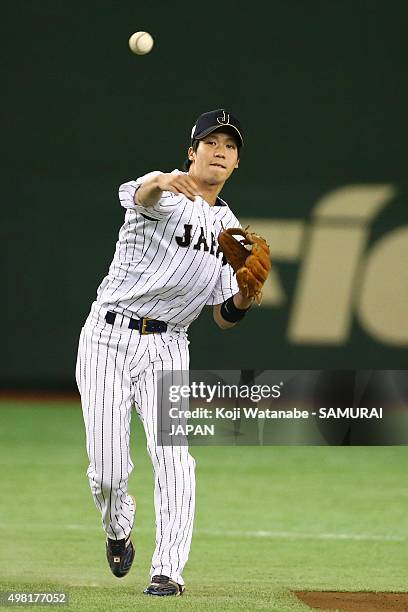 Tetsuto Yamada of Japan in action during the WBSC Premier 12 third place play off match between Japan and Mexico at the Tokyo Dome on November 21,...