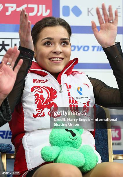 Adelina Sotnikova of Russia waves to the TV camera after skating during the Ladies Free Skating on day two of the Rostelecom Cup ISU Grand Prix of...