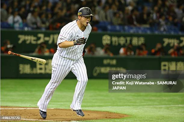 Sho Nakata of Japan hits a two-run home-run in the bottom half of the second inning during the WBSC Premier 12 third place play off match between...