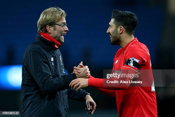 Jurgen Klopp , manager of Liverpool and Emre Can celebrate their 4-1 win in the Barclays Premier League match between Manchester City and Liverpool...