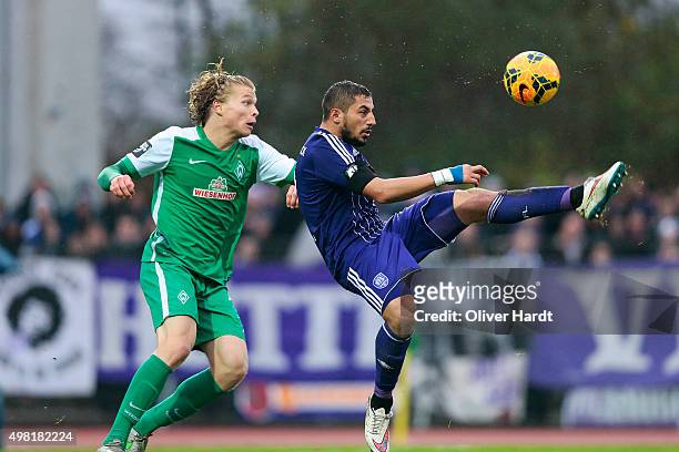 Jesper Verlaat of Bremen and Halil Savran of Osnabrueck compete for the ball during the 3.Liga match between Werder Bremen II and VfL Osnabrueck on...