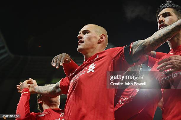 Martin Skrtel of Liverpool celebrates after scoring the fourth during the Barclays Premier League match between Manchester City and Liverpool at...