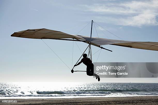 hang glider pilot landing on beach - deltaplane photos et images de collection