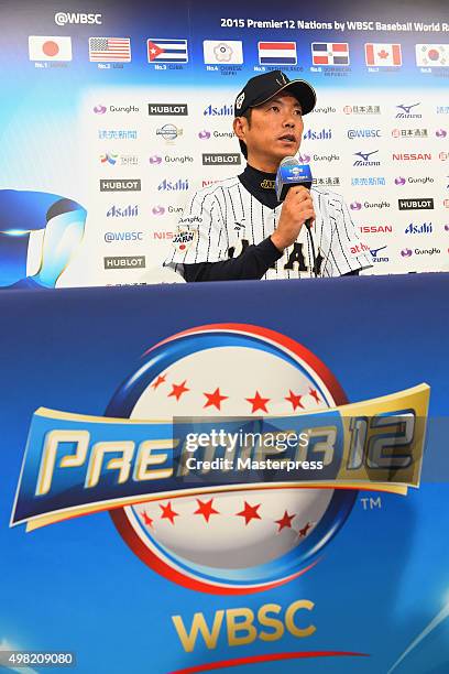 Manager Hiroki Kokubo of Japan speaks to the press after winning the WBSC Premier 12 third place play off match between Japan and Mexico at the Tokyo...