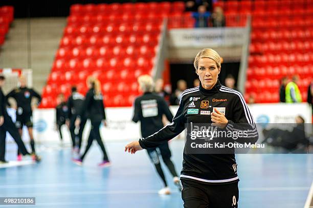 Gro Hammerseng-Edin is warming up before the game between Larvik HK and HCM Baia Mare on November 21, 2015 in Larvik, Norway.