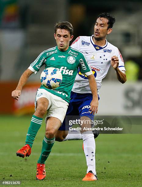 Nathan of Palmeiras and Ariel Cabral in action during the match between Palmeiras and Cruzeiro for the Brazilian Series A 2015 at Allianz Parque...