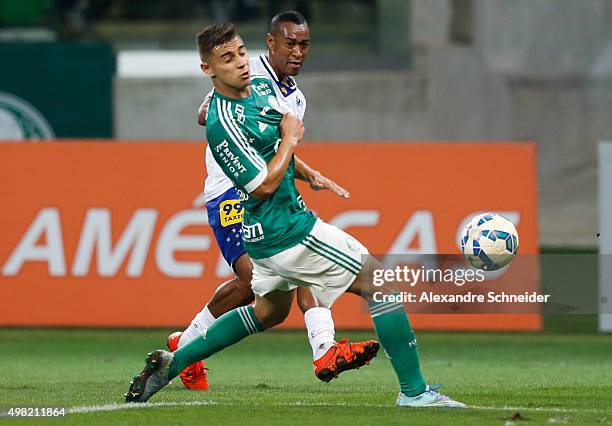 Joao Pedro of Palmeiras and Fabricio of Cruzeiro in action during the match between Palmeiras and Cruzeiro for the Brazilian Series A 2015 at Allianz...