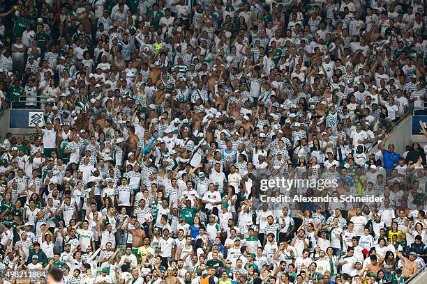 Cheers of Palmeiras in action during the match between Palmeiras and Cruzeiro for the Brazilian Series A 2015 at Allianz Parque stadium on November...