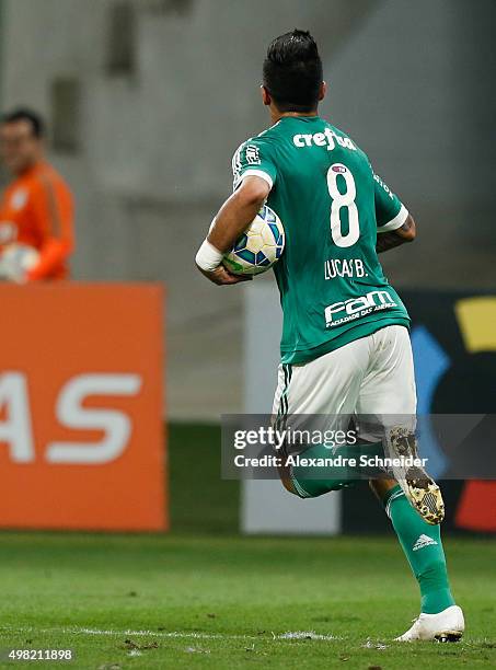 Lucas Barrios of Palmeiras celebrates their first goal during the match between Palmeiras and Cruzeiro for the Brazilian Series A 2015 at Allianz...