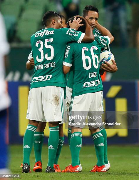 Lucas Barrios of Palmeiras celebrates their first goal during the match between Palmeiras and Cruzeiro for the Brazilian Series A 2015 at Allianz...