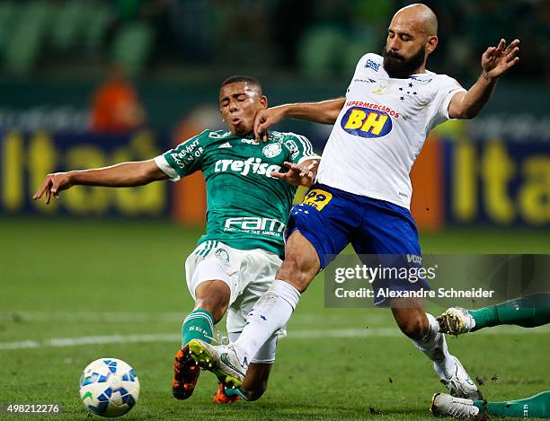 Gabriel Jesus of Palmeiras and Bruno Rodrigo of Cruzeiro in action during the match between Palmeiras and Cruzeiro for the Brazilian Series A 2015 at...