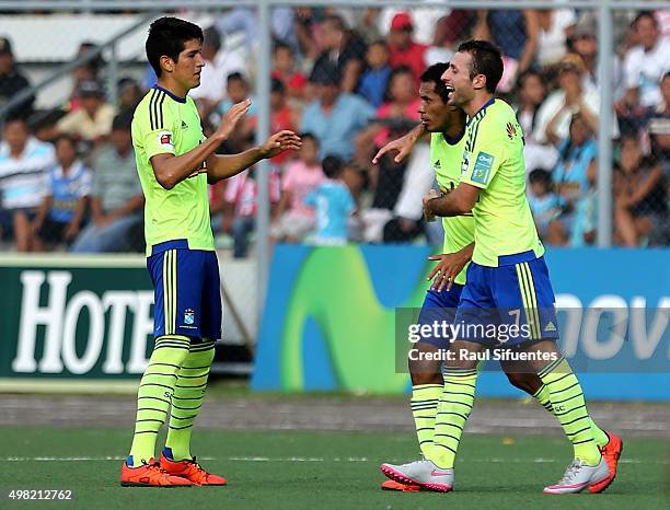 Carlos Lobaton of Sporting Cristal celebrates the second goal of his team against Sport Loreto during a match between Sport Loreto and Sporting...