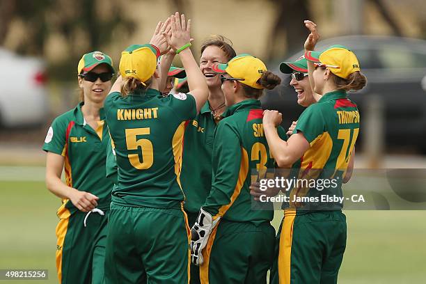 Julie Hunter of the Roar celebrates the wicket of Sarah Taylor of the Scorpions during the WNCL match between South Australia and Tasmania at...