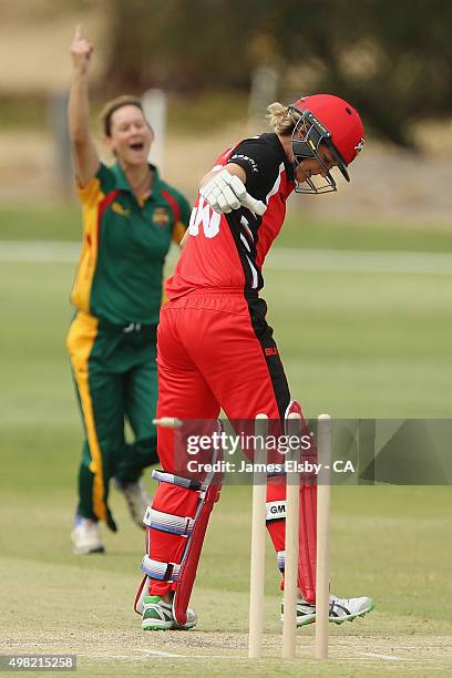 Julie Hunter of the Roar celebrates the wicket of Sarah Taylor of the Scorpions during the WNCL match between South Australia and Tasmania at...