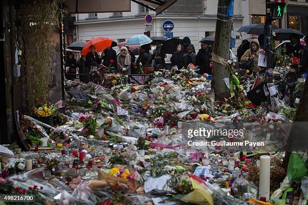 Flowers, candles and messages left as a memorial in "La Belle Equipe" restaurant in the 11th district of Paris, following a series of coordinated...