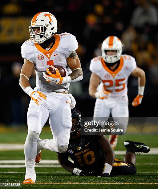 Running back Jalen Hurd of the Tennessee Volunteers carries the ball during the game against the Missouri Tigers at Faurot Field/Memorial Stadium on...