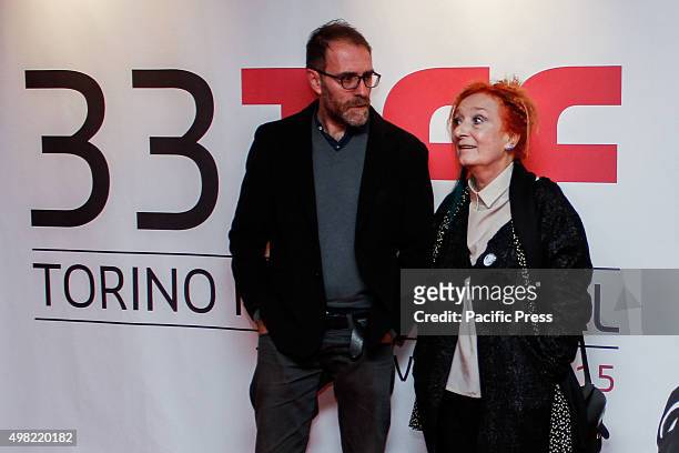 On red carpet at opening ceremony of the 33rd Torino Film Festival the Italian actor Valerio Mastandrea with the director of the Festival Emanuela...