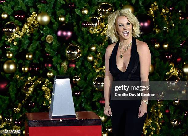 Singer Britney Spears arrives at a Christmas tree-lighting ceremony at The LINQ Promenade on November 21, 2015 in Las Vegas, Nevada.