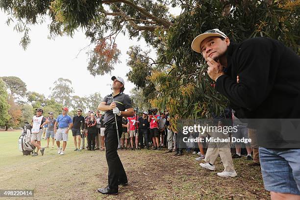 Mathew Goggin of Australia plays out of the rough during the final round of the 2015 Australian Masters at Huntingdale Golf Club on November 22, 2015...