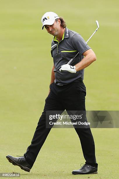 Mathew Goggin of Australia reacts after an approach shot during the final round of the 2015 Australian Masters at Huntingdale Golf Club on November...