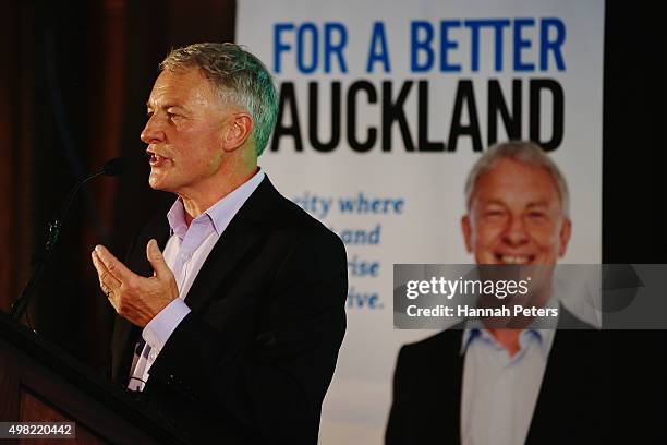 Phil Goff speaks during a press conference at Westhaven Marina on November 22, 2015 in Auckland, New Zealand. Goff has announced his bid to become...