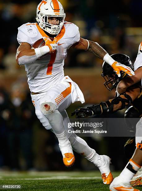 Running back Jalen Hurd of the Tennessee Volunteers carries the ball during the game against the Missouri Tigers at Faurot Field/Memorial Stadium on...