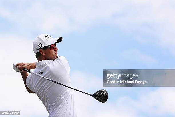 Adam Scott of Australia hits a tee shot during the final round of the 2015 Australian Masters at Huntingdale Golf Club on November 22, 2015 in...