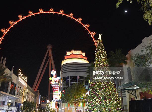 General view shows the High Roller during a Christmas tree-lighting ceremony featuring Britney Spears at The LINQ Promenade on November 21, 2015 in...