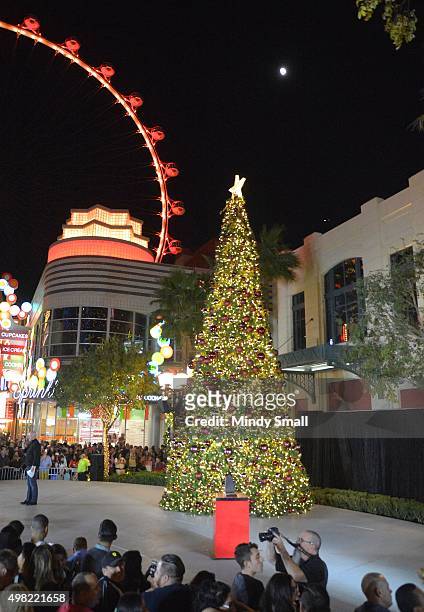 General view shows fans in front of the High Roller as they wait for a Christmas tree-lighting ceremony featuring Britney Spears at The LINQ...