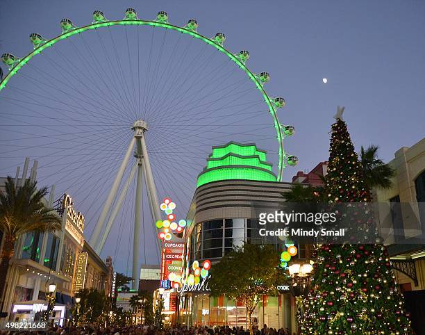General view shows the High Roller during a Christmas tree-lighting ceremony featuring Britney Spears at The LINQ Promenade on November 21, 2015 in...
