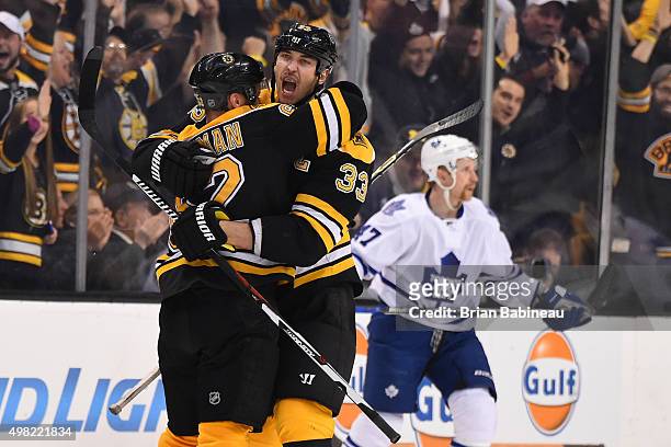 Zdeno Chara of the Boston Bruins celebrates a goal against the Toronto Maple Leafs at the TD Garden on November 21, 2015 in Boston, Massachusetts.
