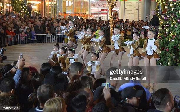 Dancers from Fern Adair Conservatory of the Arts perform during a Christmas tree-lighting ceremony featuring Britney Spears at The LINQ Promenade on...