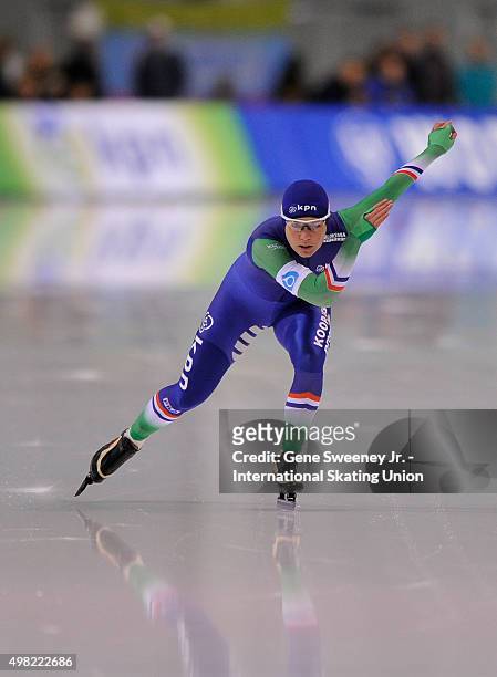 Diane Valkenburg of the Netherlands competes in the Ladies 1500m event on day two of the ISU World Cup Speed Skating Salt Lake City event at the Utah...