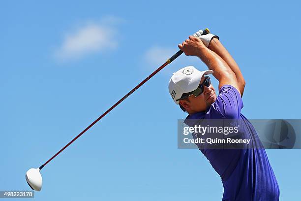 Andrew Evans of Australia tees off during the final round of the 2015 Australian Masters at Huntingdale Golf Club on November 22, 2015 in Melbourne,...